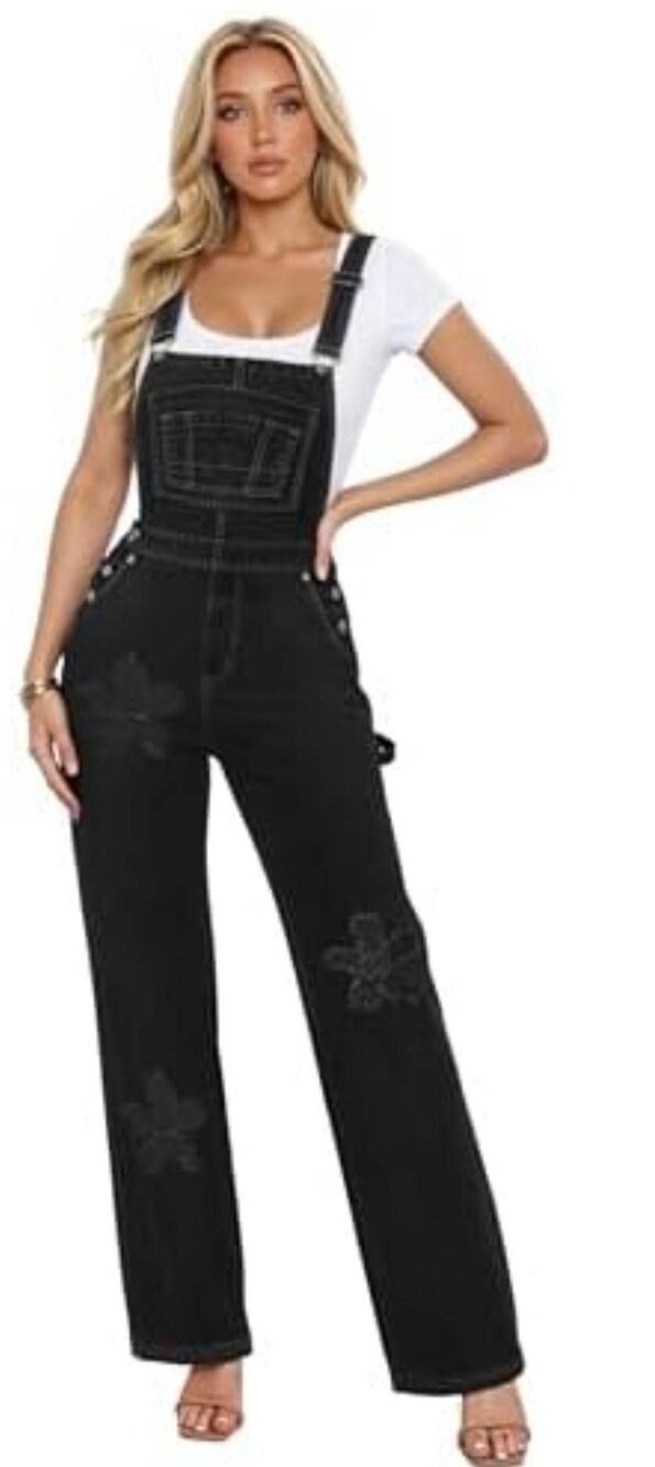 Hybrid & Company Black Floral Patch Straight Leg Overalls Jumpsuit Large NWT